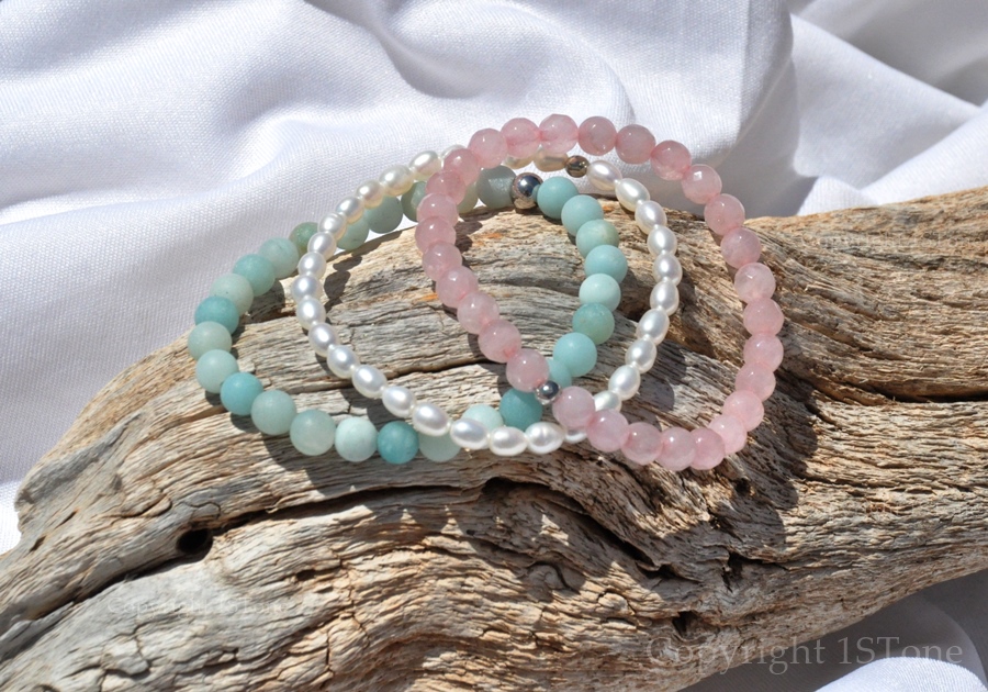 Facets-of-Summer-3-Premium-Comfort-Bracelets-Pack-for-Women-Rose-Quartz-faceted-Pearls-Amazonite-custom-made-by-1STone-Artt-Design-Custom-Jewelry-