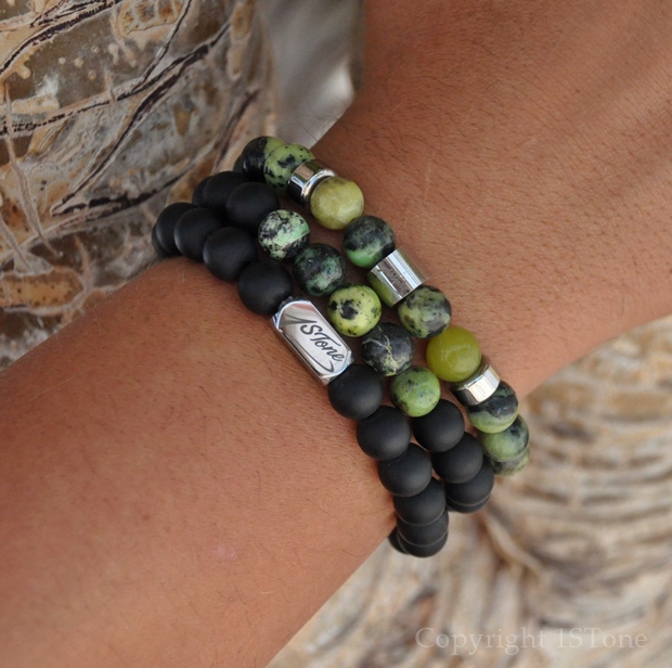 Pack-of-3-Mens-Gemstone-Premium-Bracelets-AA-Grade-Chrysoprase-matt-black-Obsidian-with-Silver-Stainless-Steel-Ingot-LogoTube-by-1STone